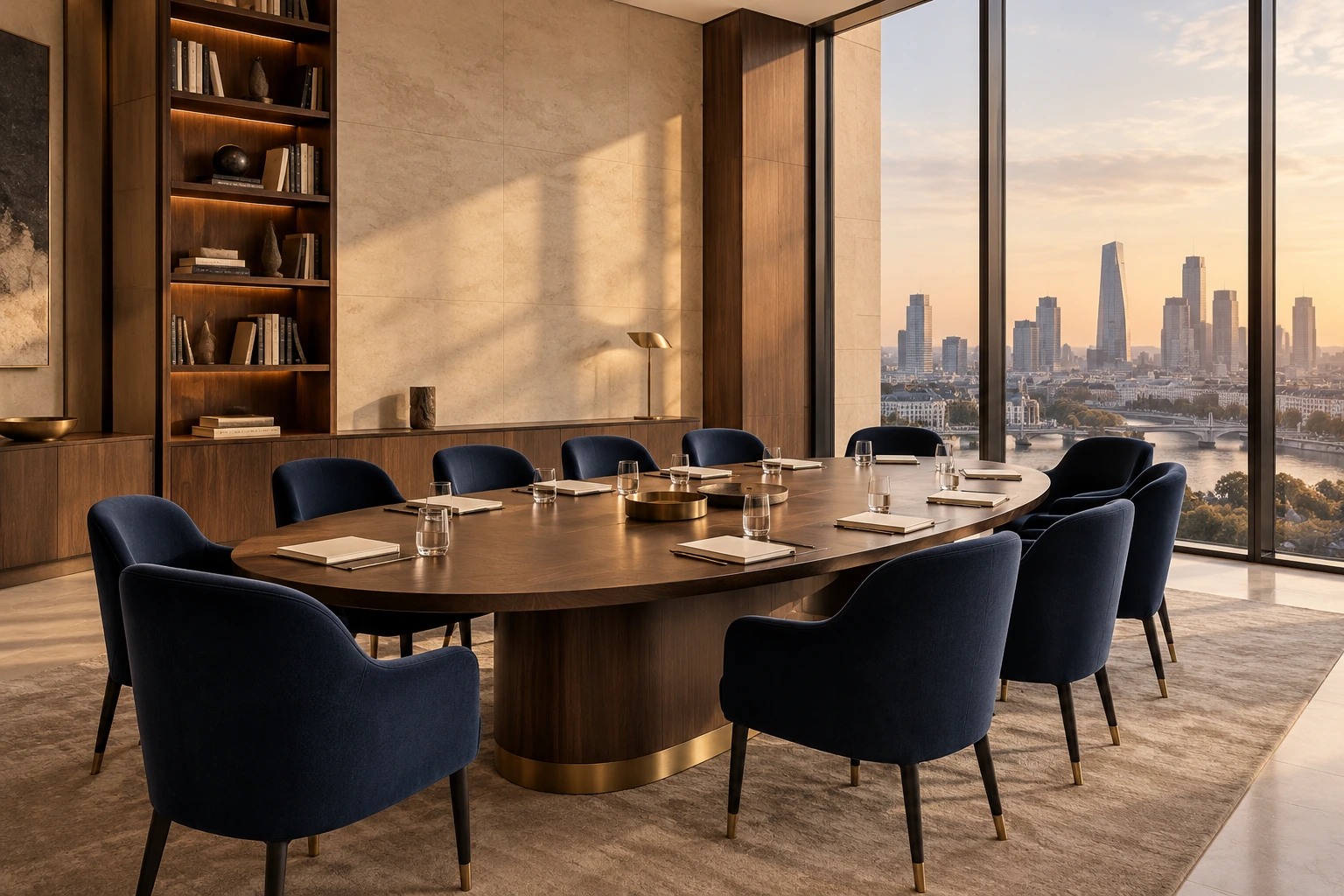 Empty executive learning room with walnut table, navy chairs and warm natural light