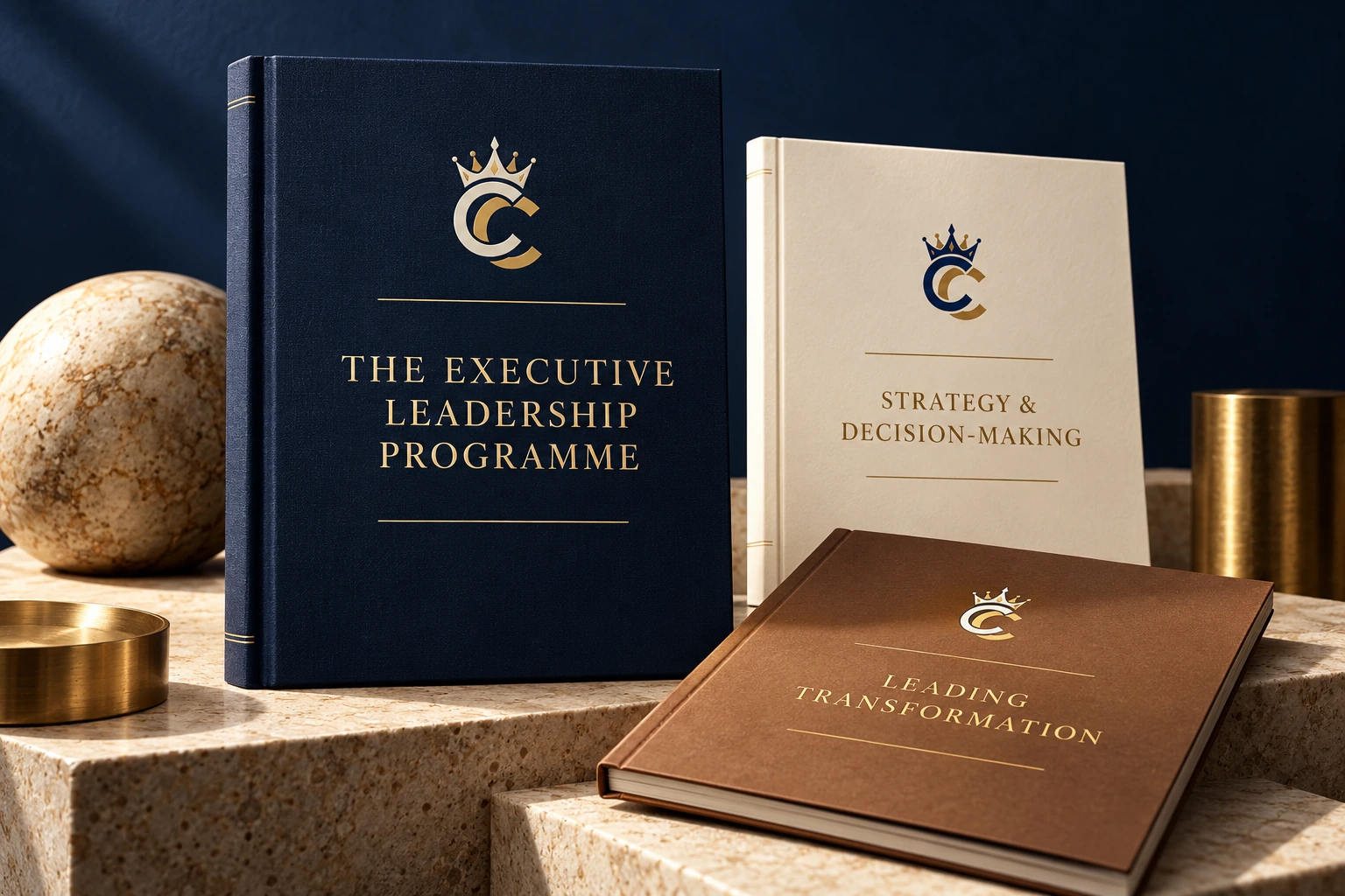 Premium CertiCrown executive programme books in navy, ivory and carafe