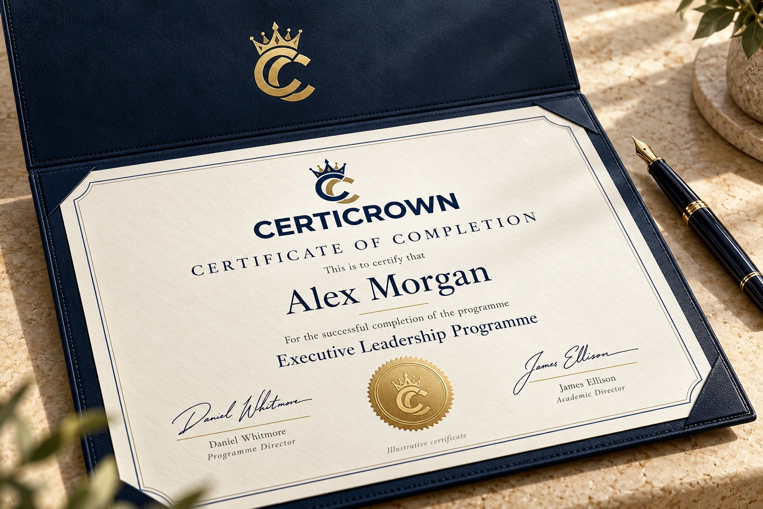 Luxury ivory CertiCrown Executive Leadership certificate in a navy presentation folder, signed by the Programme Director and Academic Director