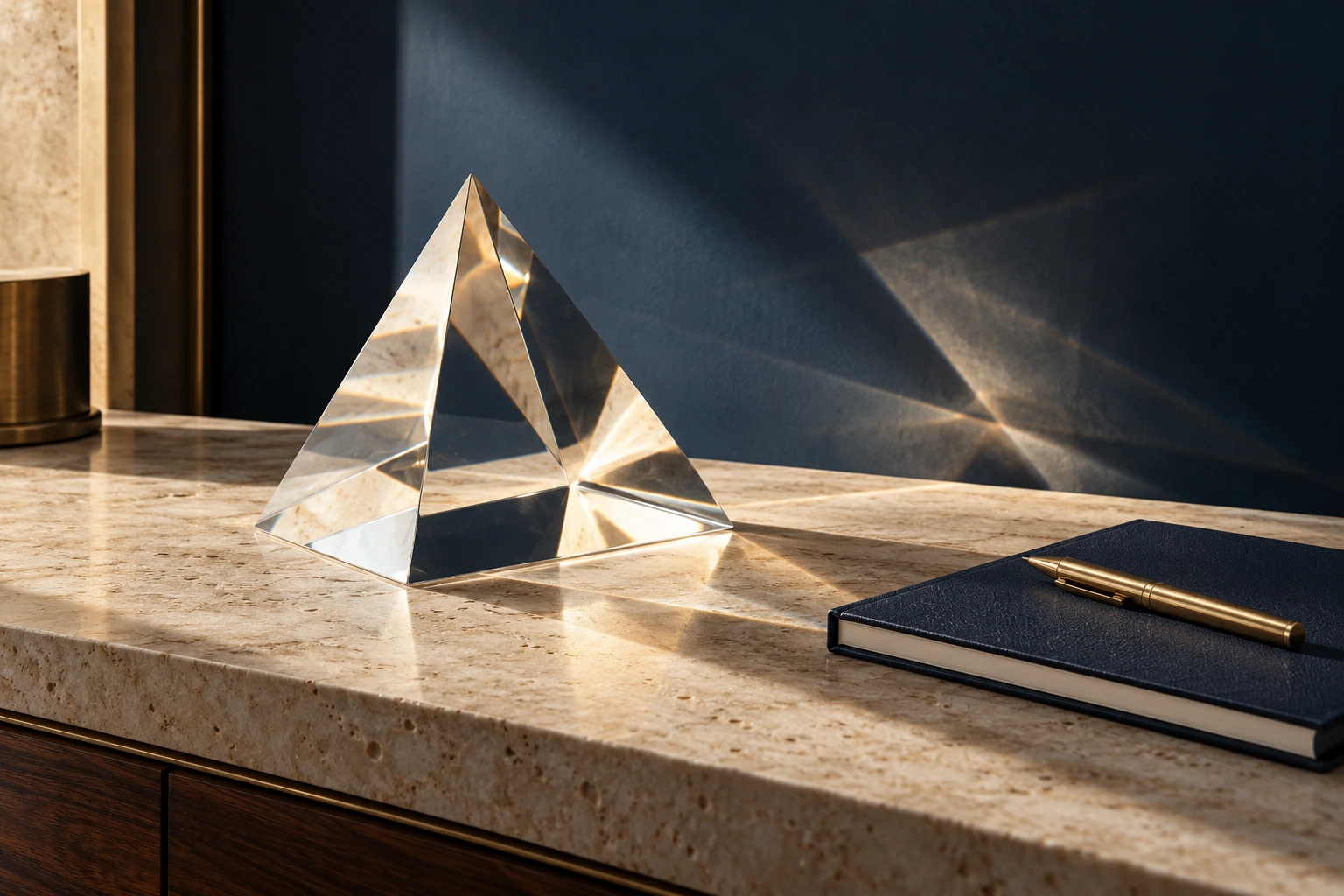 A clear optical prism on travertine, offering a different perspective