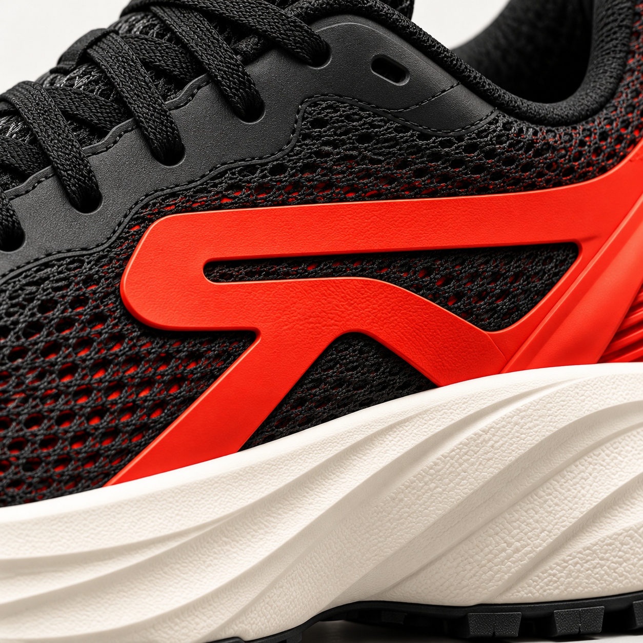 Macro view of the black mesh upper and red REDADO side panel.